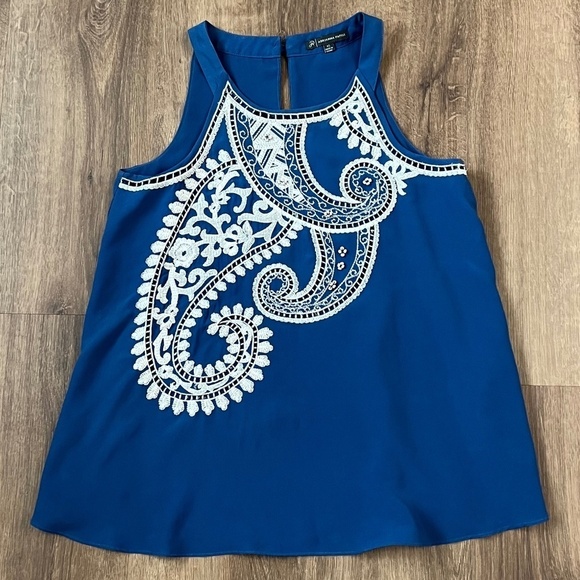 Adrianna Papell Tops - Adrianna Papell Blue Embroidered High Neck Tank Sz XS